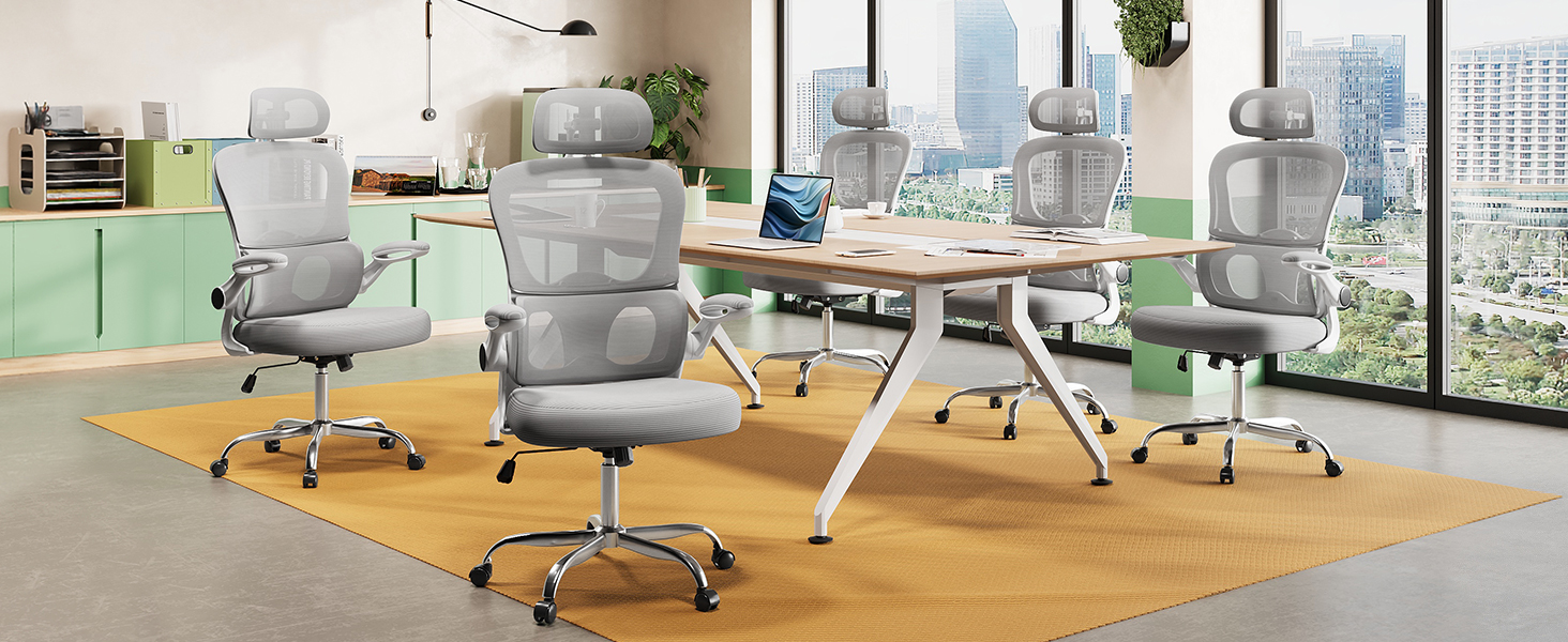 Офісне крісло Devaise Ergonomічне, з підтримкою попереку, 3D-підголівник, регульовані підлокітники, дихаюча сітка спинки, функція гойдання, для офісу та дому, до 150 кг, сірого кольору