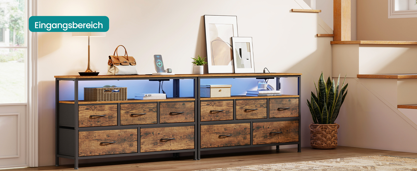 SONGMICS BELLAH: Комод з LED-підсвіткою, тумба з бездроговою зарядкою, 5 шухляд, індустріальний стиль, vintage brown + ink black