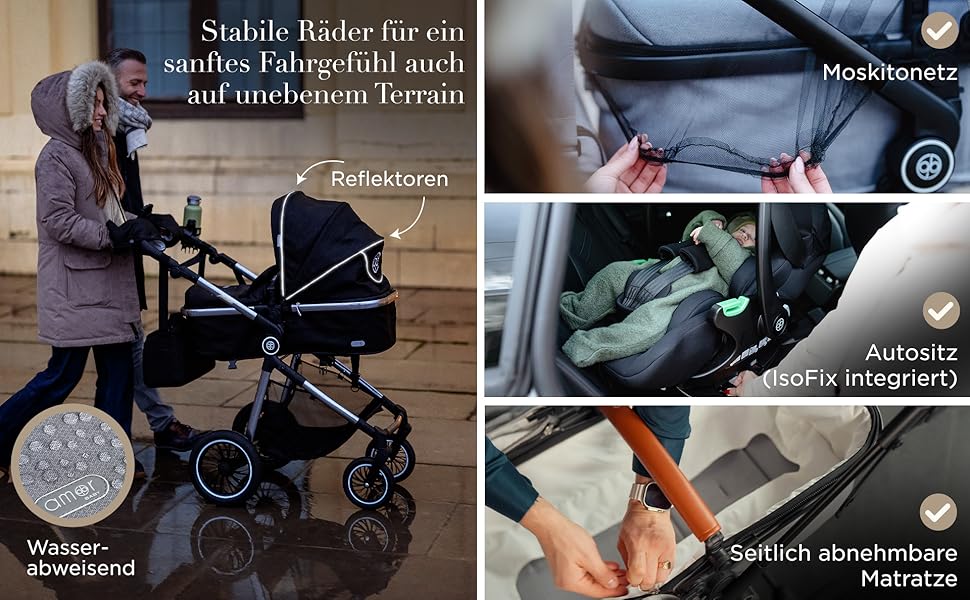 Дитяча коляска 3 в 1 з автокріслом та люлькою | Коляска для новонароджених з 5-точковим ременем безпеки, світло-оливкового кольору, без Isofix