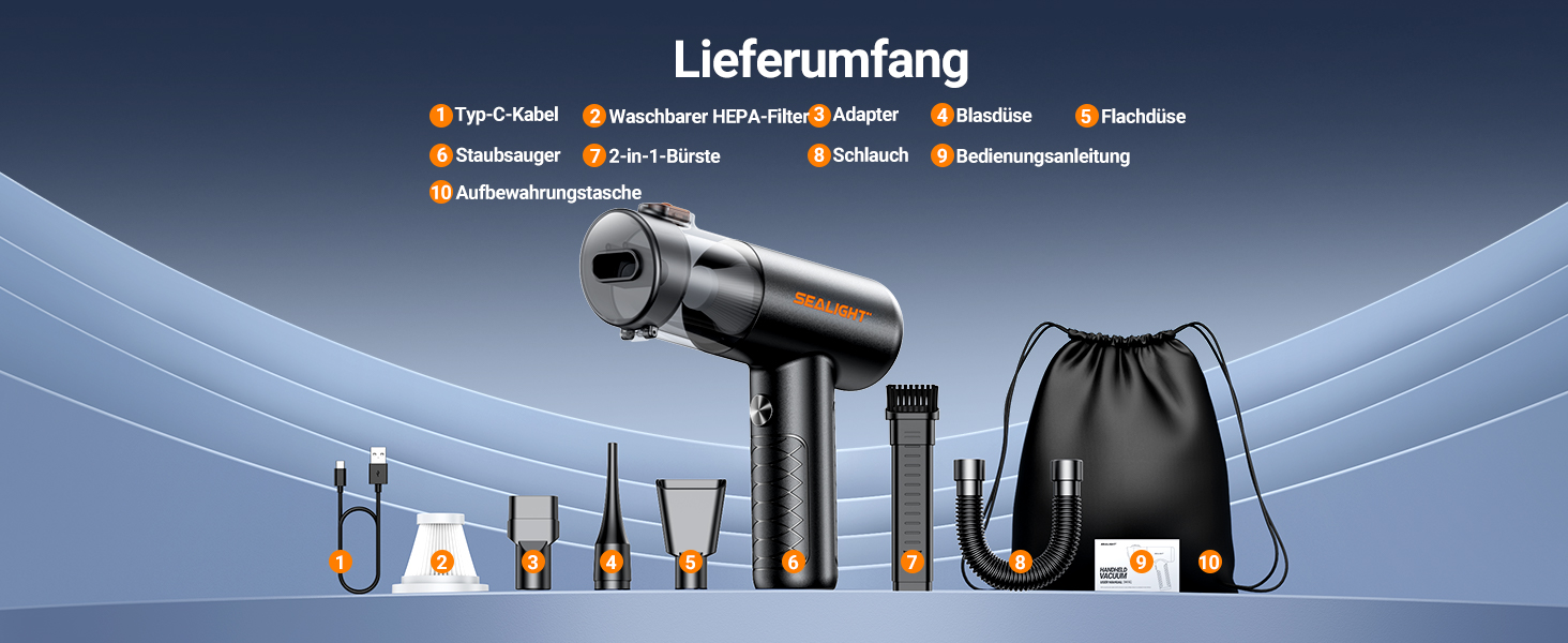 Акумуляторний ручний пилосмик SEALIGHT 32000Па, бездротовий автомобільний міні-пилосос 4-в-1 з безщітковим двигуном для шерсті тварин, авто та дому, темно-сірий матовий чорний