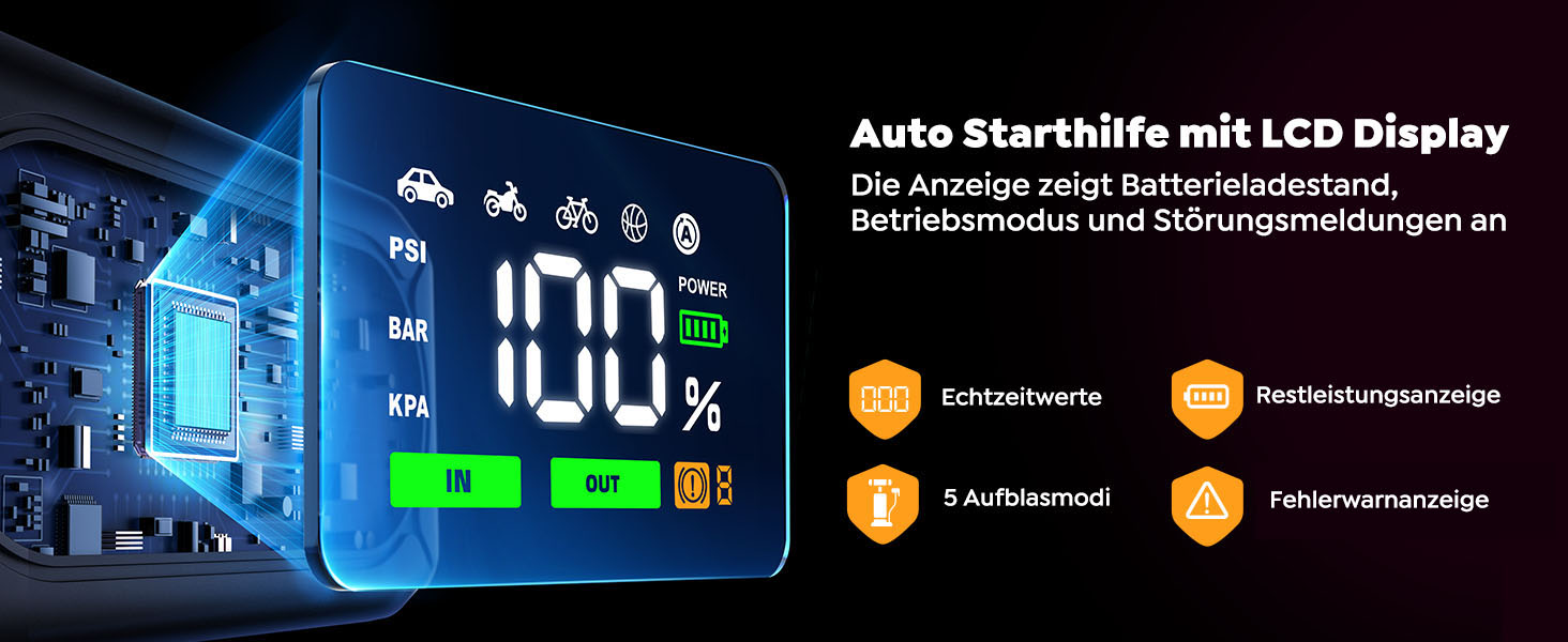 Powerbank для автомобіля YaberAuto AP02 з компресором, 150PSI, 4500A, LED ліхтар 500 люмен, LCD дисплей 3.3