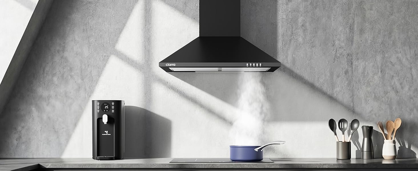 Витяжка кухонна CIARRA CBCB6201 чорна, пірамідальна, 60 см, 404 м³/год, A++, LED-підсвітка, з вугільним фільтром CBCF002X2, режим рециркуляції та відведення