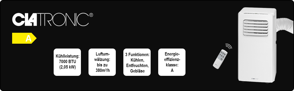 Мобільний кондиціонер Clatronic CL 3671 зі шлангом для відпрацьованого повітря, кондиціонер 3 в 1 з LED-дисплеєм, пульт дистанційного керування, таймер на 24 години, регульовані повітряні заслінки, 7000 BTU (2,05 кВт), потужність охолодження 7000 BTU білого кольору