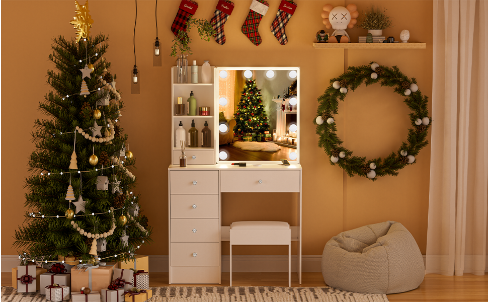 Туалетний столик зі світлом та дзеркалом, з пуфом, 6 шухляд та 6 полиць, 80x36x130 см, PE39