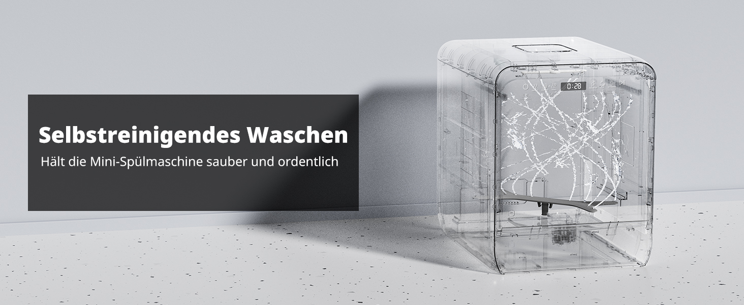 Мийка посуду AIRMSEN Mini для столу з резервуаром для води, ополіскувачем, 9 програм, 37*50 см, ультра-вузька, таймер 1-24 год, 360° подвійний розпилювач, шланг/без шланга, білий
