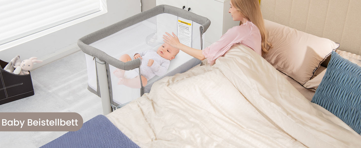 DREAMADE Beistellліжко 2-в-1 з регулюванням висоти, 5-рівнів, для новонароджених, з матрацом та колесами, 86 x 63 см, нахил 10°, сірий колір