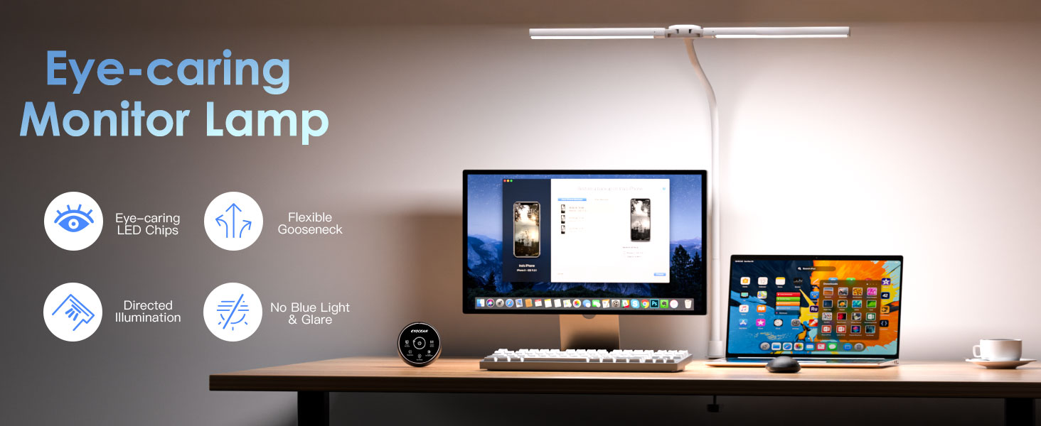 Світлодіодна лампа настільна для дітей з двома головками, захист очей, 16W, 72см, денне світло, з пультом, регулювання яскравості, гнушкий шийний механізм, матовий білий колір