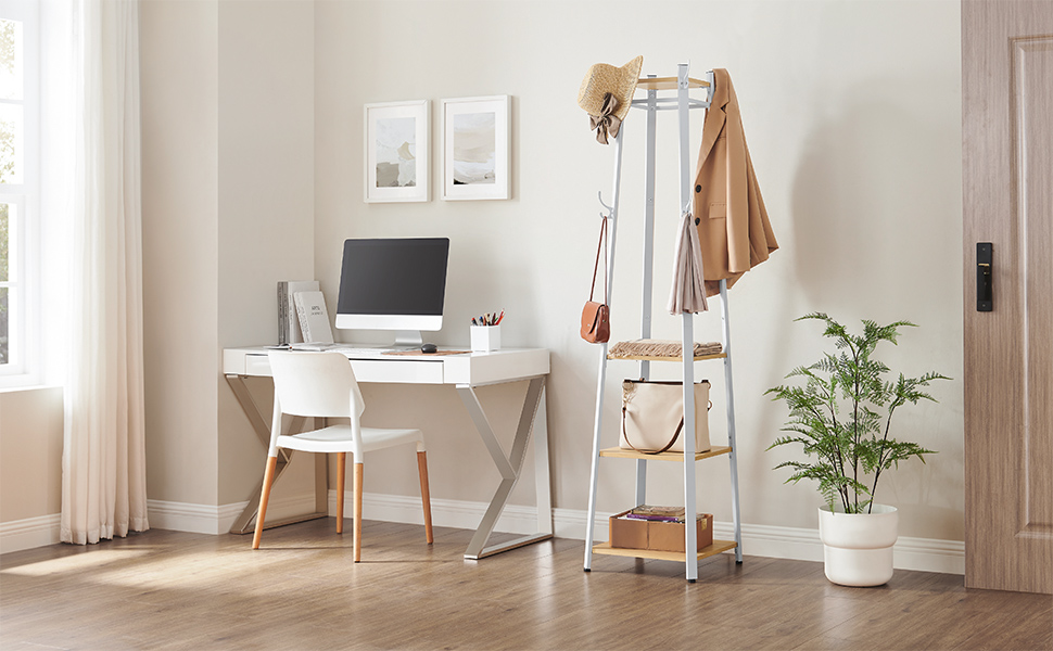 Стійка для одягу VASAGLE з 8 гачками, 4 полицями та вішалкою, металевий каркас, для шалей, курток, сумок, для прихожого, золотий дуб + білий, LCR080W09