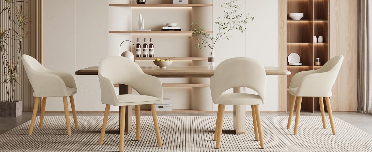 Набір з 4-х оббитих стільців для їдальні з підлокітниками, бежевий колір, дерев'яні ніжки. Підходять для кухні та вітальні.