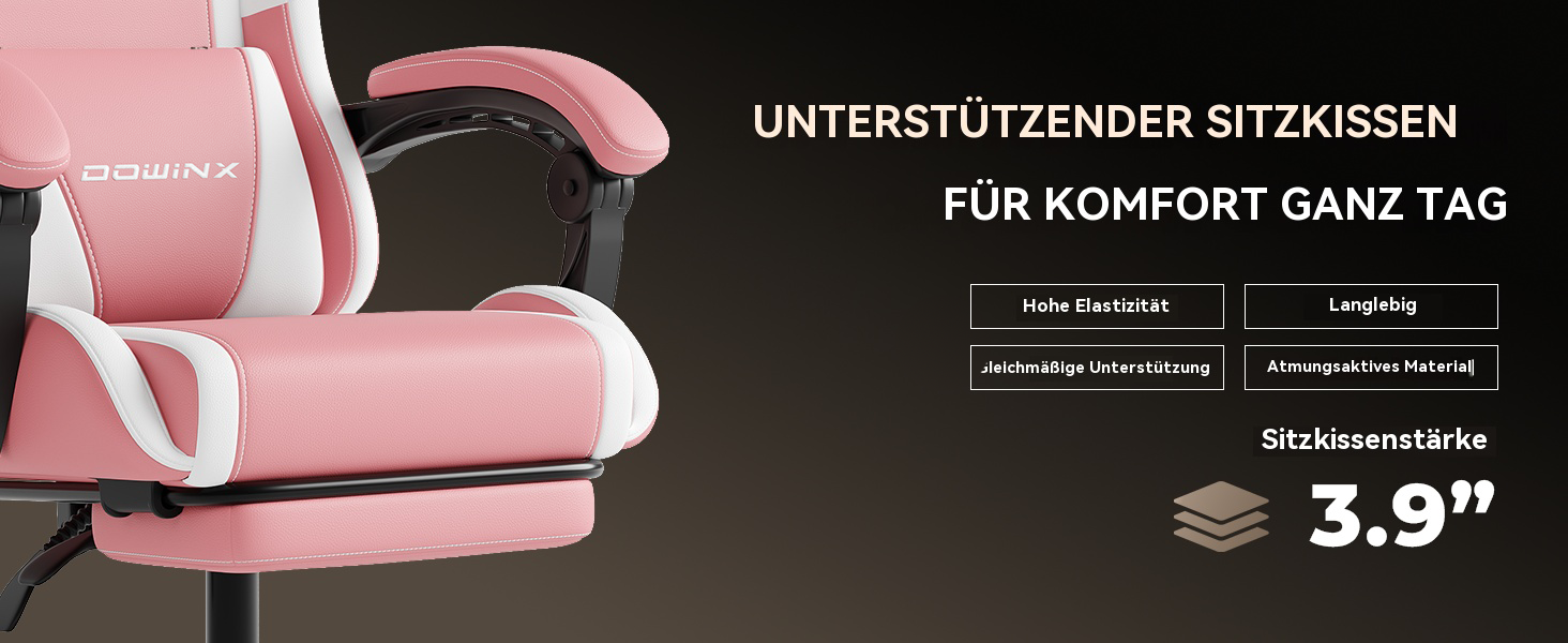 Ігровий крісло Dowinx з підніжкою та масажем попереку. Ергономічне, комфортне, з підголівником. Підходить для офісу, дому, стрімінгу та тривалих ігрових сесій. Білий (рожевий)