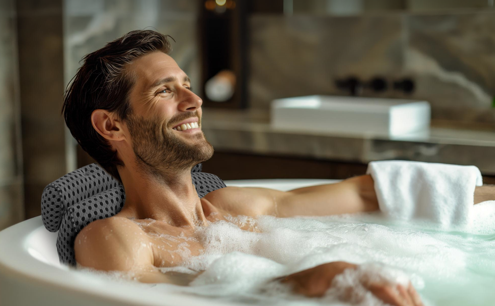 Подушка для ванни з сіткою для прання - Максимальний комфорт та розслаблення з новітньою технологією Air Mesh - Подушка для ванни з 7 потужними присосками - Подушка для шиї/голови (Сірий)