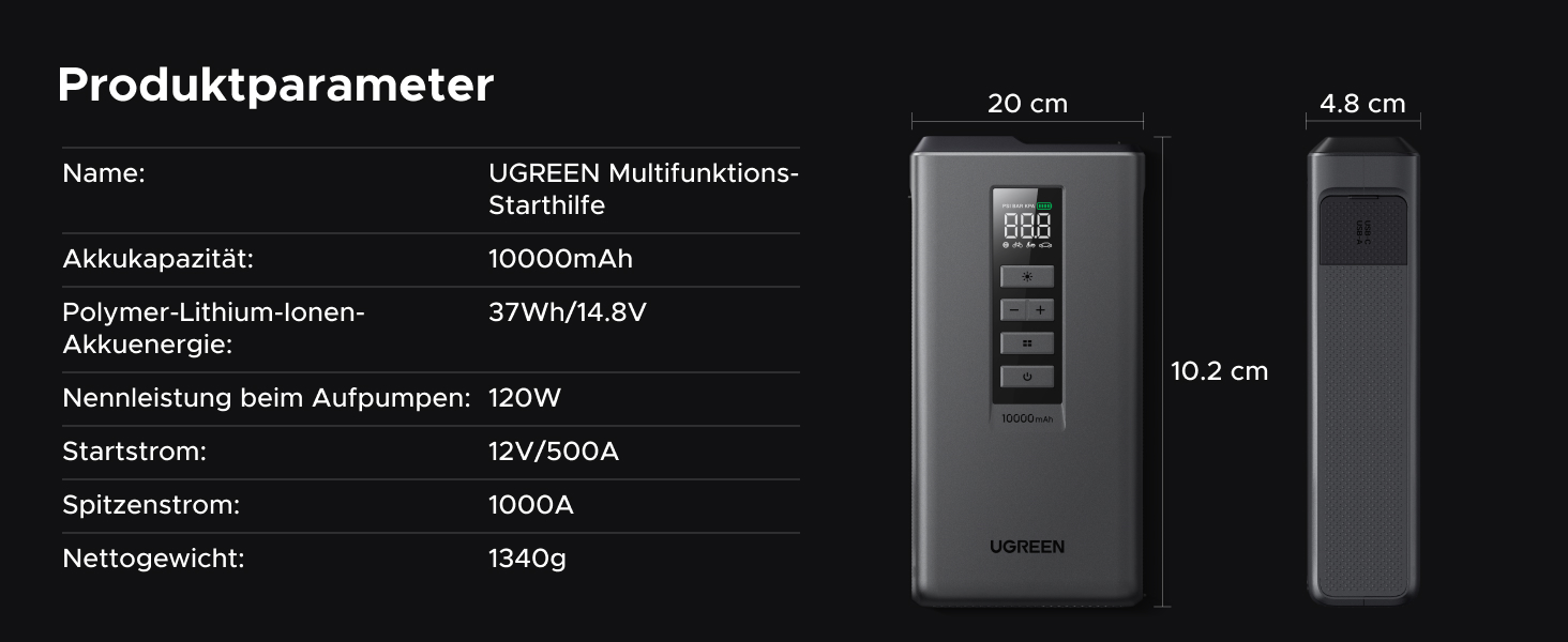 Пусковий пристрій UGREEN 3 в 1: Powerbank 10000mAh, бустер для авто та електричний компресор (помпа)