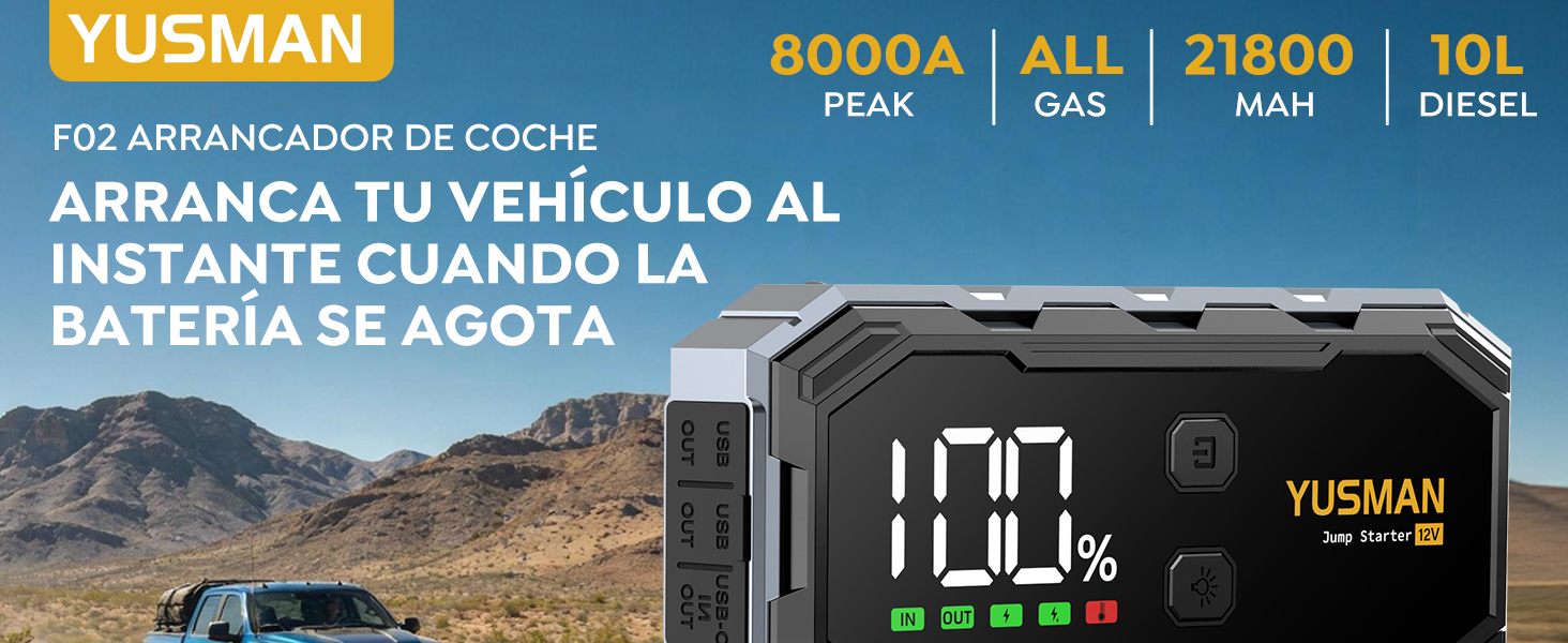 Портативний зарядний пристрій (Powerbank) Starthilfe для автомобілів | 8000A, бустер для акумулятора, LED-ліхтарик, дисплей, кабелі – для SUV, мотоциклів, газонокосарок Black