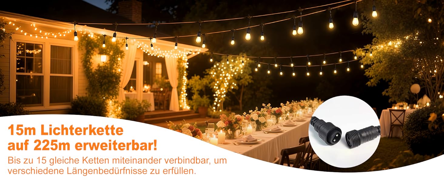 BRIMAX LED гірлянда для вулиці, 30 метрів, AC220-240V, IP44, 46+4 лампочки G40 E12 1W, 2200K тепле біле світло, розширювана, для кемпінгу, ярмарку, саду, вечірки