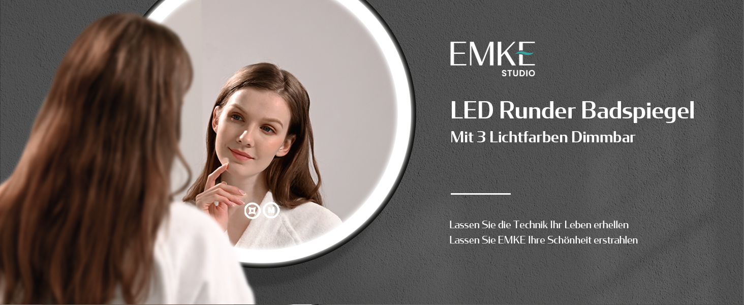 Круглий дзеркало для ванної кімнати EMKE з підсвічуванням 50 см, 3 кольори, диммування, антизапар, пам'ять, сенсорне керування, таймер 3 години, енергозбереження