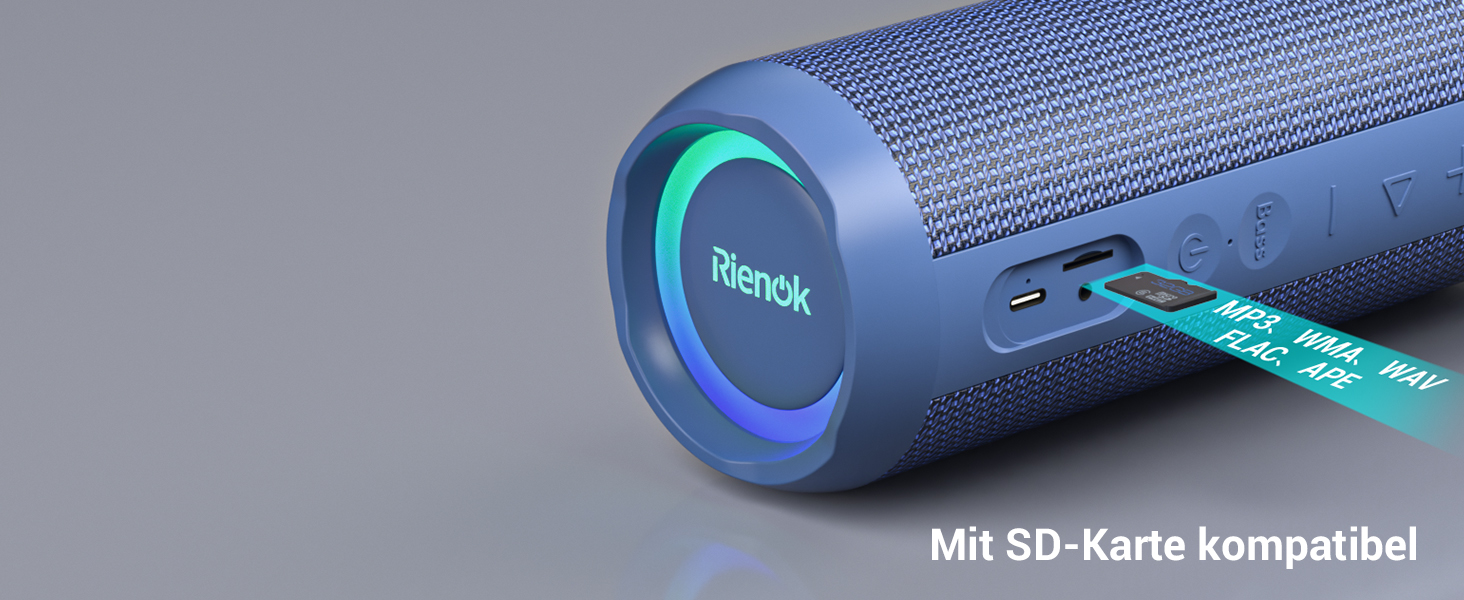 Bluetooth Портативна Колонка RIENOK з підсвічуванням, IPX7, Бас, 3600 mAh, Синій