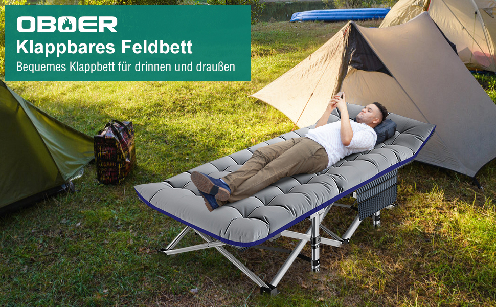 Розкладне кемпінгове ліжко з матрацом та кишенями, сталевий каркас, навантаження до 200 кг, 190x71x36 см, сіре — для кемпінгу, саду та офісу