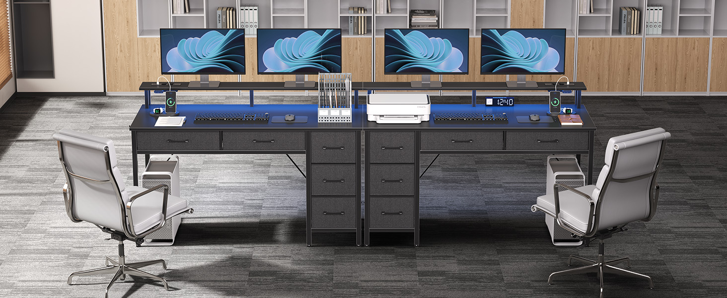 Комп'ютерний стіл Seventable з розетками та LED-підсвічуванням, 100 см, ігровий стіл з 5 ящиками та підставкою для монітора, для офісу, робочого кабінету, спальні, вітальні, чорний