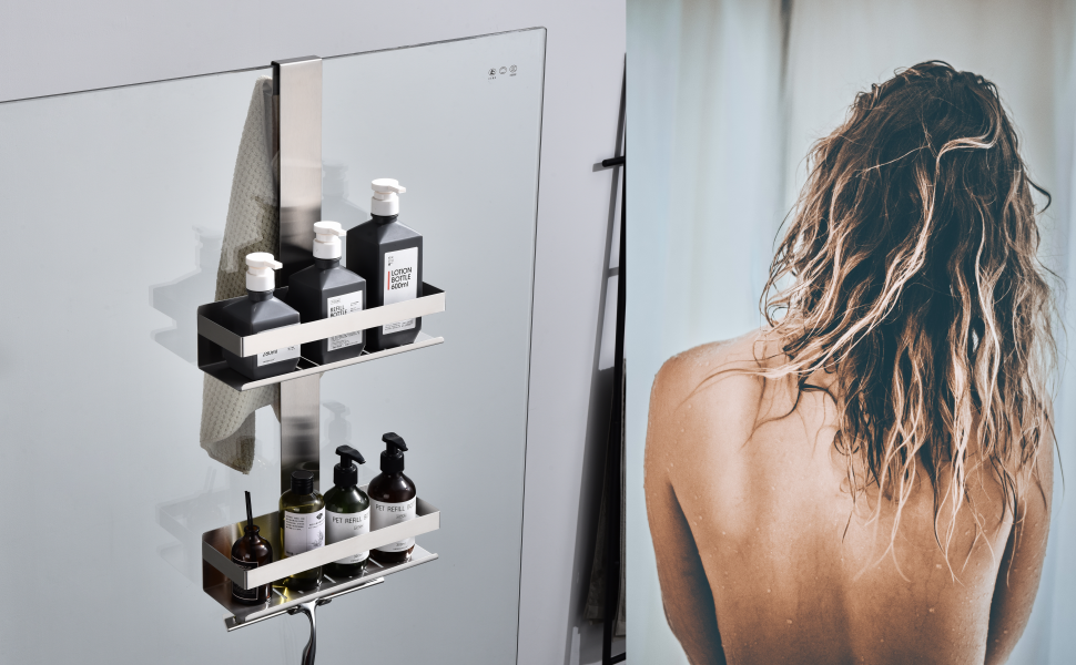 Настінна поличка для душу з 2 ярусами, нержавіюча сталь SUS304, з гачками, для скляних душових кабін, H30BN-2DH, 2 відділення, матове нікель