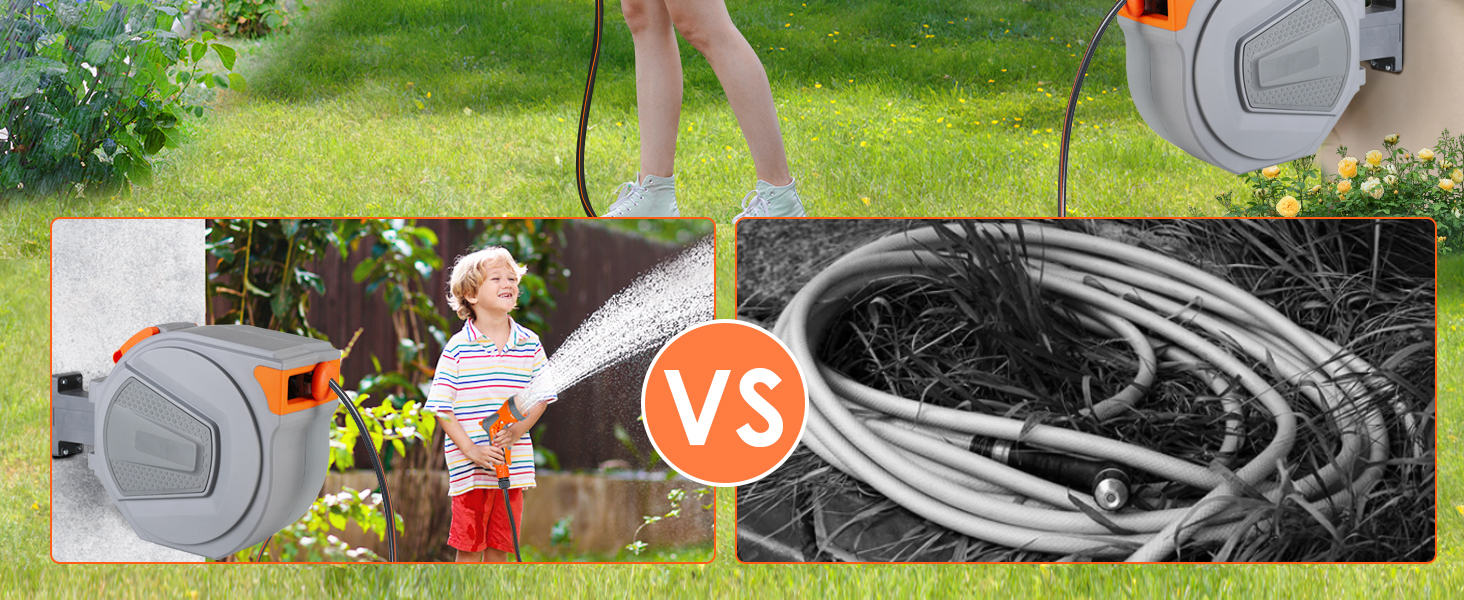 Шланговий барабан з шлангом для саду, настінний, поворотний на 180°, автоматичне змотування, шланговий бокс з ручною лійкою (9 функцій), для поливу, миття авто (сіро-помаранчевий, 20м)