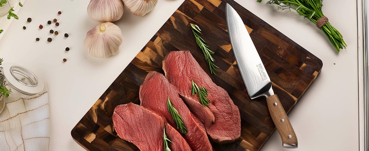 Ніж кухарський Moritz & Moritz Damastmesser 20 см - професійний ніж з дамаської сталі 67 шарів - кухонний ніж з ергономічною ручкою з акації