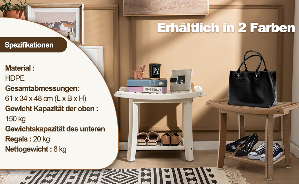 Двомісна душова лавка COSTWAY з полицею, 170 кг, біла. Душовий стільчик для дорослих та літніх людей, 60,5 x 34 x 48 см