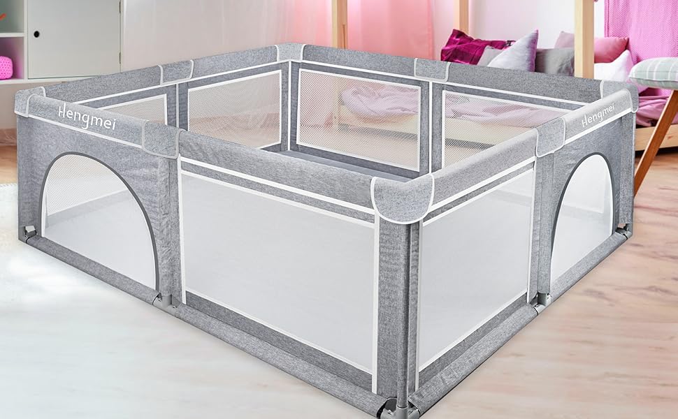 Манеж NAIZY Baby XXL 200x180см з тренувальним браслетом, сітка для повзання, нековзний, сірий