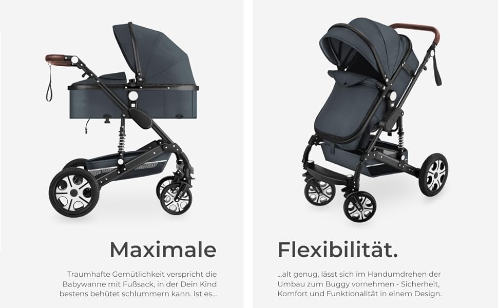 Дитяча коляска Tectake 2 в 1, розкладна, з люлькою, вагончиком, підстаканником, дощовиком, сірого кольору