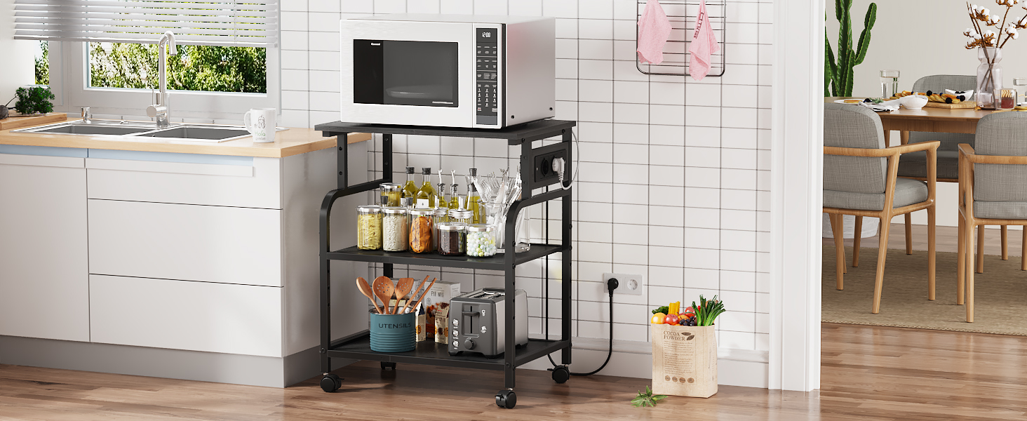 Трирівневий стіл для принтера з розеткою та USB-портами, регульовані полиці, роликовий стійка для принтера для дому/офісу, 3D/лазерний принтер, термопрес (Чорний) Чорний 60 см