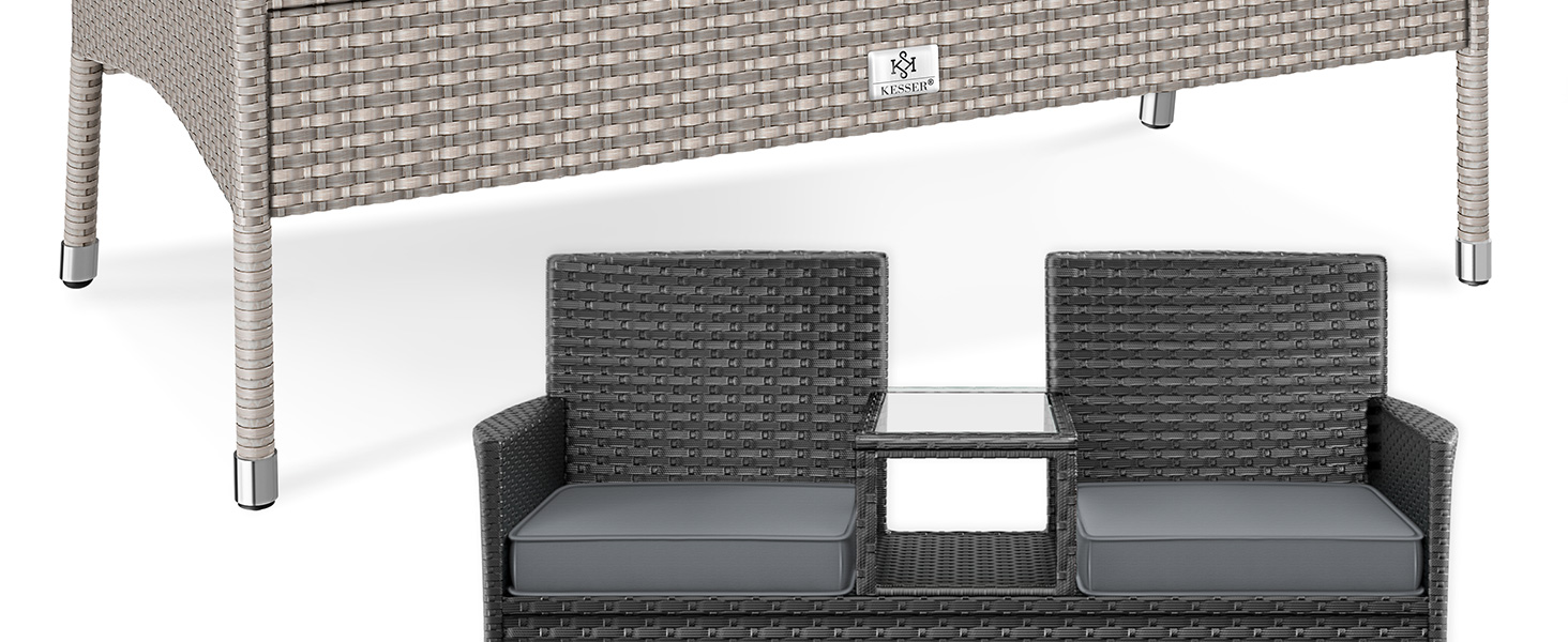 Садовий диван KESSER® з ротангу на 2 особи з вбудованим столиком, 143×63×88 см - стійкий до погодних умов, комплект з подушками та чохлами, антрацит