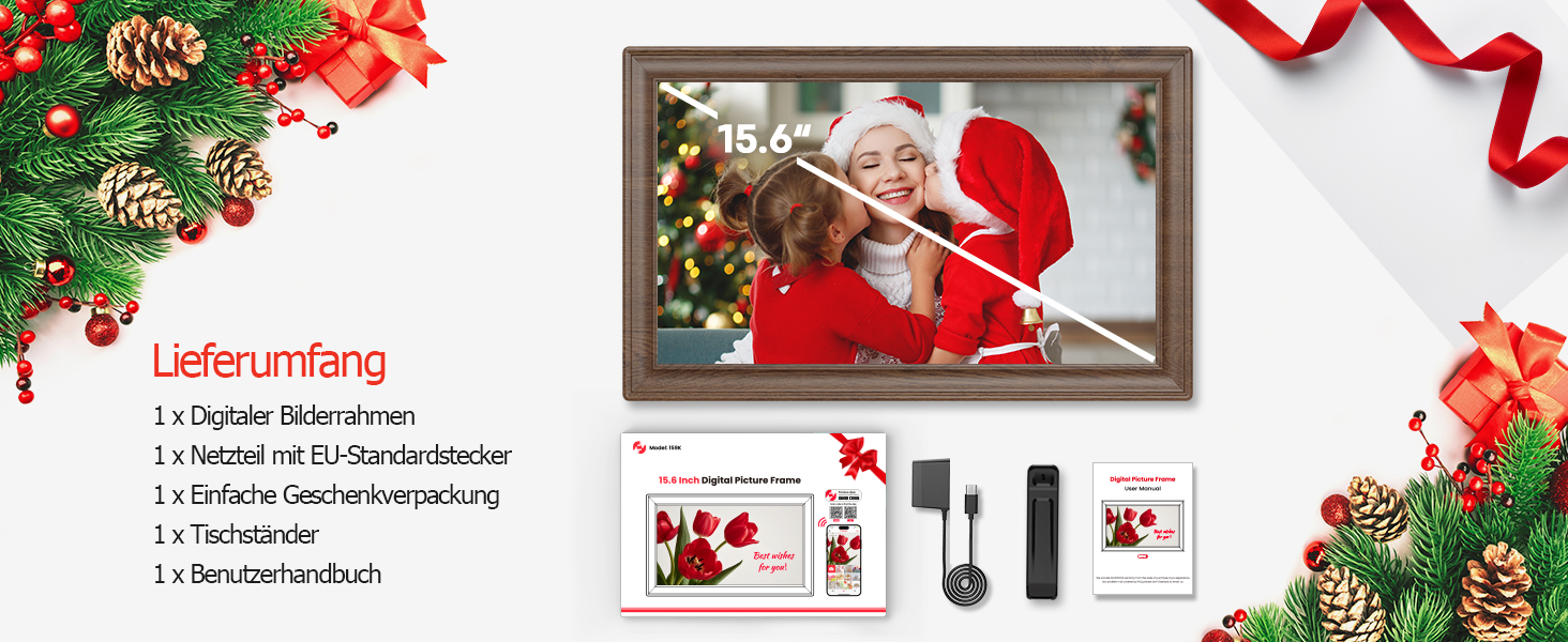 Цифровий фоторамка Frameo 10.1 дюйма з Wi-Fi, сенсорний IPS екран HD 1280*800, 32GB пам'яті, автоповорот, підтримка Frameo App для зручного обміну фото та відео, корпус з дерева (15.6 дюймів)