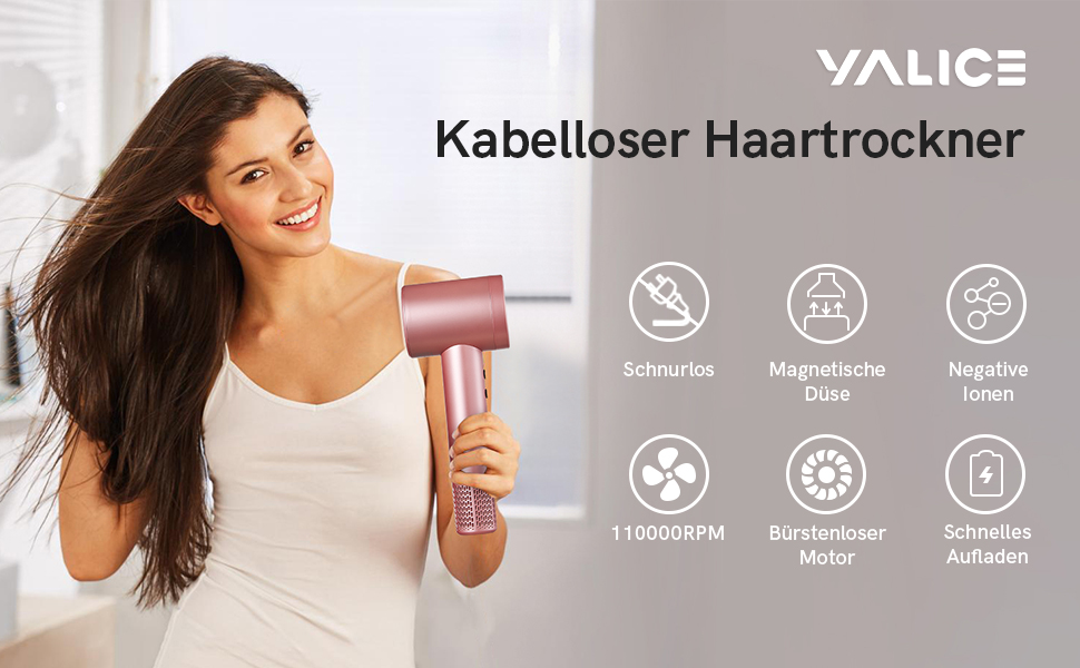 Бездротовий фен з іонізацією, 110 000 обертів/хв, 4 режими заряджання, магнітне сопло, для подорожей, жінок, дітей, активного відпочинку, кемпінгу, пляжу (рожевий)