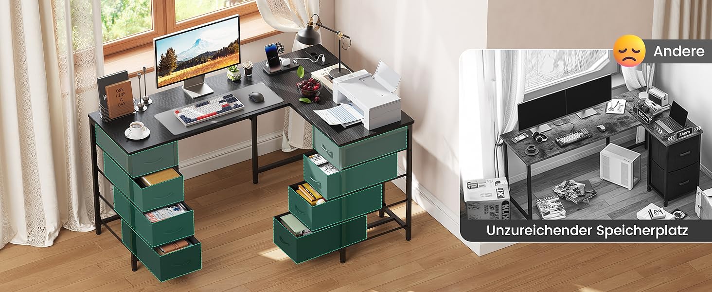 Кутовий письмовий стіл YOUDENOVA 150x100 см з шухлядами, розеткою та USB-зарядом, чорний