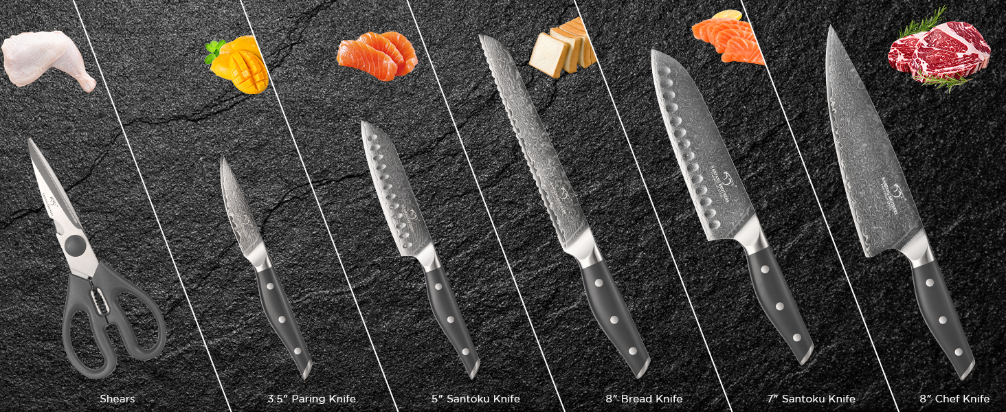 Набір кухонних ножів NANFANG BROTHERS Дамаск 7 предметів з бруском, нековзний ABS, нержавіюча сталь, шеф-ніж, хлібний ніж, сантоку, ніж для чищення, ножиці