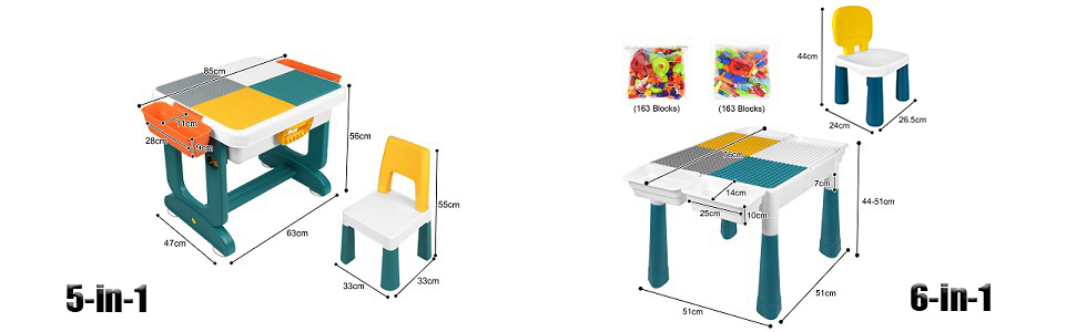 Набір дитячих столів 6-в-1 зі стільцями, будівельним блоком та ігровим столом, регульований по висоті, з місцем для зберігання