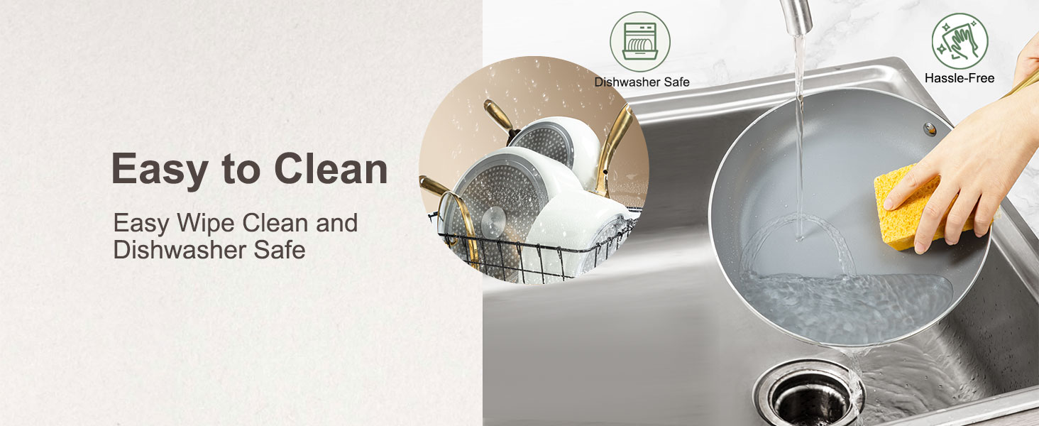 Набір посуду з керамічним покриттям: каструлі та сковорідки з кришками, здоровий, антипригарний (без PFAS, PFOA), для плити, духовки, мийки, бежевий/білий з золотом