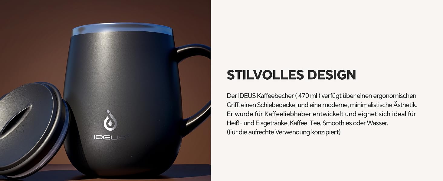 Кружка для кави та чаю Ideus 470 мл з нержавіючої сталі, подвійні стінки, ізольована, з неслизьким ручним тримачем та кришкою-модулем, великий об'єм, колір: трав'яний зелений