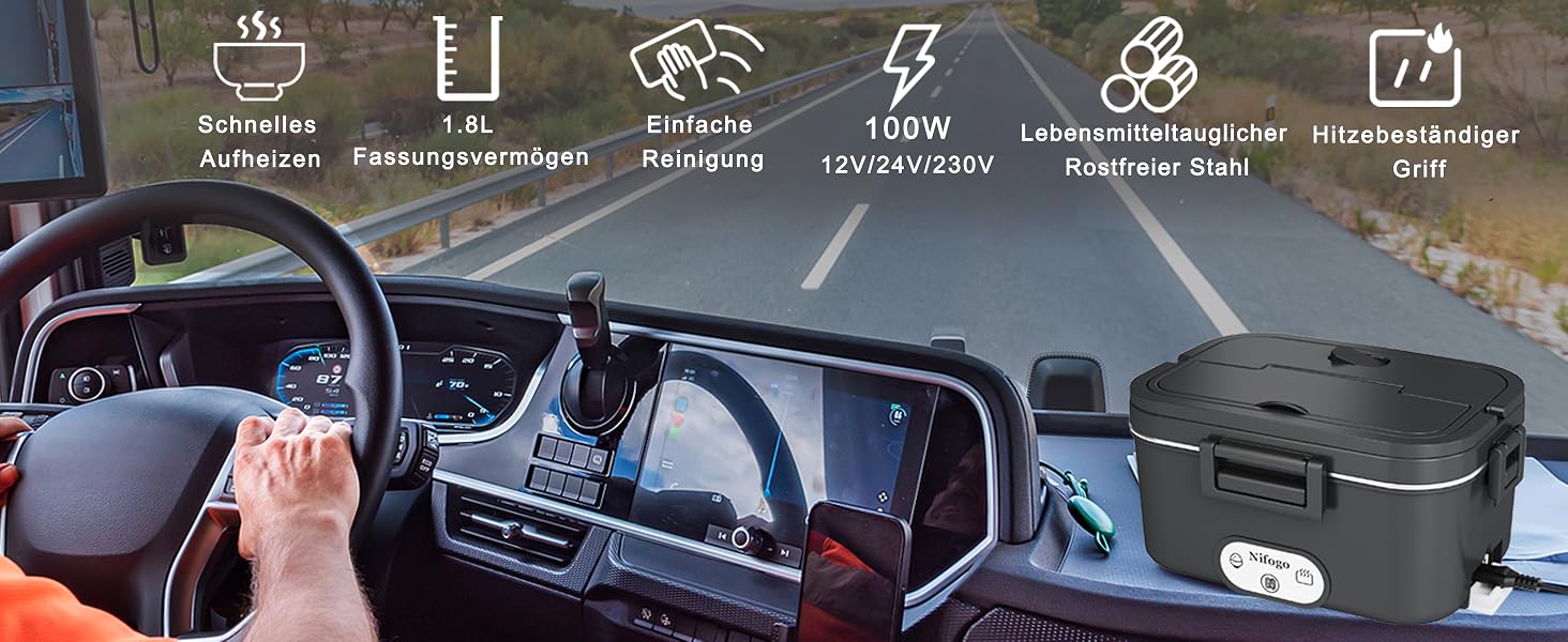 Електричний ланчбокс для підігріву їжі Nifogo 1.8л, 100W (12V/24V/230V) для авто, вантажівок та офісу, нержавіюча сталь 304, чорний