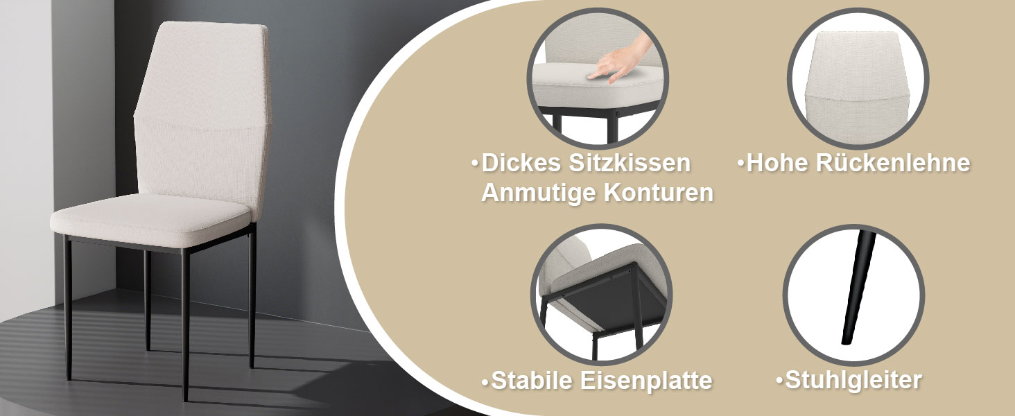 Стілець для їдальні GOLDFAN (4 шт.) з льоновим покриттям, сірий (бежевий). Сучасний кухонний стілець, м'який, з металевими ніжками. Підходить для вітальні та кухні.