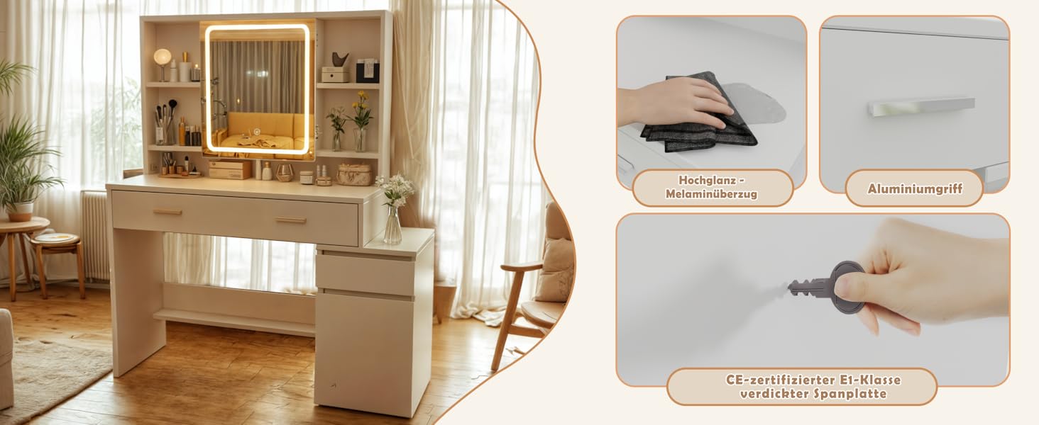 Дзеркало для макіяжу JUMMICO з LED-підсвічуванням, регульована яскравість та колірна температура, органайзер, туалетний столик з ящиками та регульованими полицями, 110x40x140 см