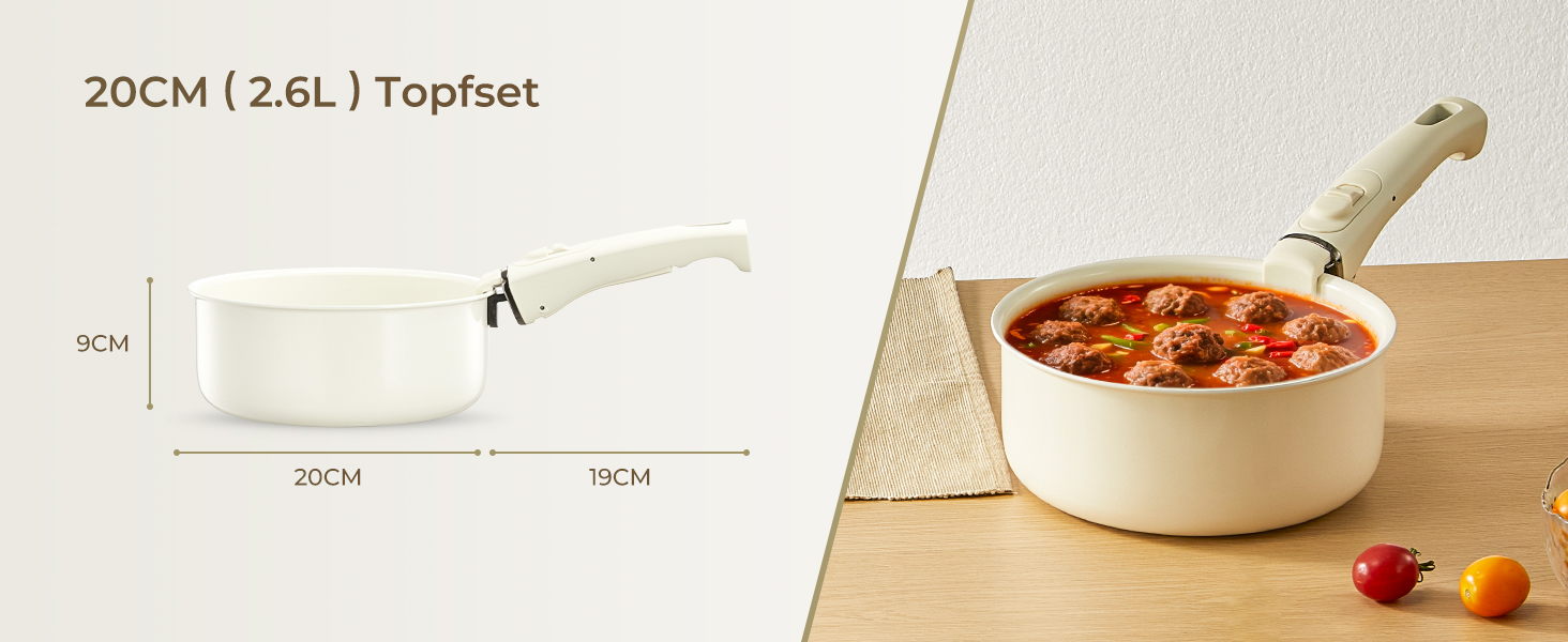 Набір посуду FOHERE 8 предметів: каструлі та сковороди з 2 знімними ручками, сковорода 20/28 см, каструлі 2.6/1.4 л, підходить для всіх плит (індукція), безпечний у духовці та посудомийній машині, бежевий