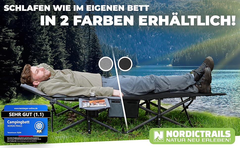 Розкладне кемпінгове ліжко NORDICTRAILS XXL з м'яким матрацом, сіре (190 x 70 см) — зручне похідне ліжко для відпочинку, риболовлі та гостей
