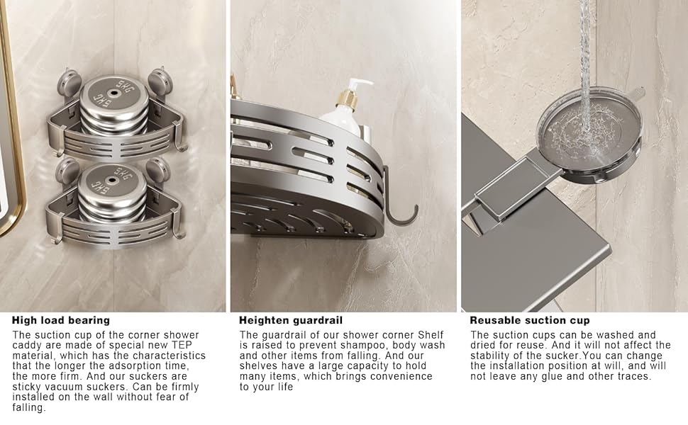 Полка для душу Voldra без свердління, кутова полиця для ванної кімнати з присосками, металева полиця для душу з тримачем для рушників (2 шт., сірий)