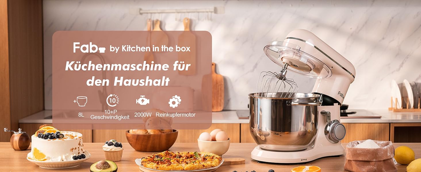 Кухонна машина Kitchen in the box Fab-Serie, потужний планетарний міксер 2000Вт, чаша 8л, 10 швидкостей, з вінчиком, гаком та міксером, Рожевий