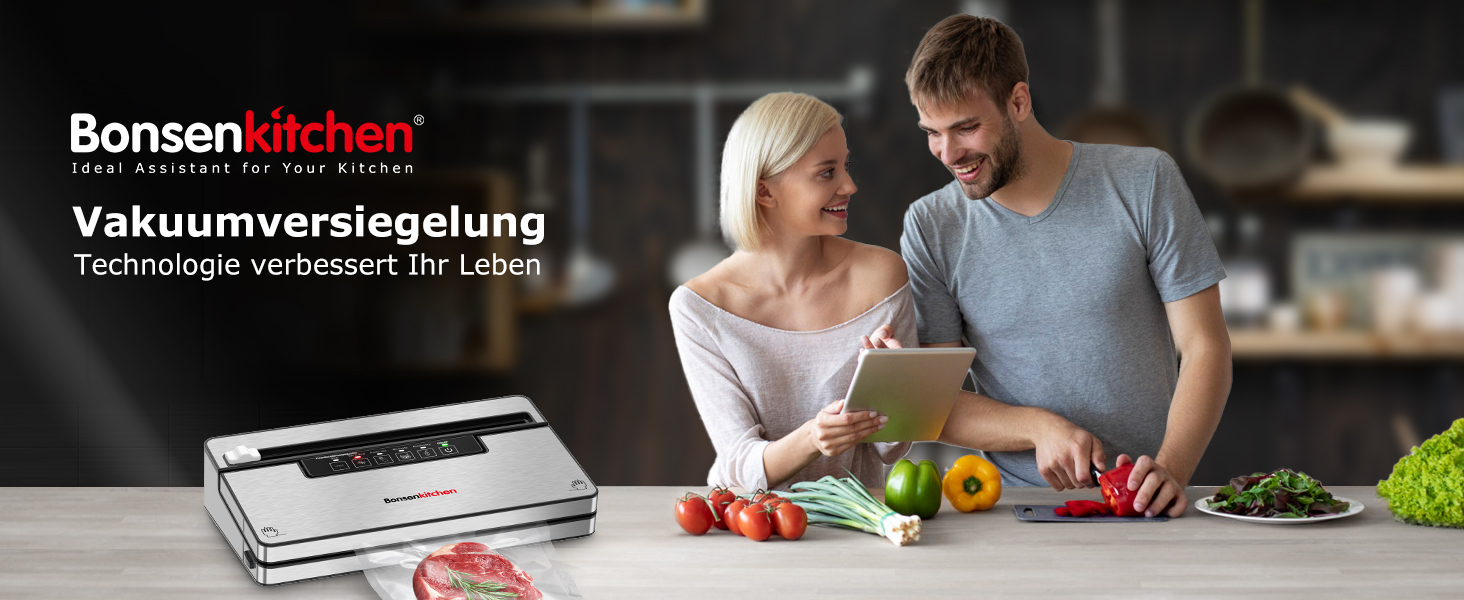 Вакууматор Bonsenkitchen для продуктів, потужний вакуумний пакувальник з 5 режимами, 8 л/хв, сріблястий (комплект: 5 пакетів та 1 рулон)