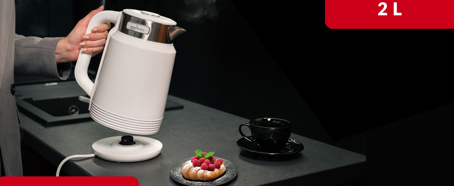 Електричний чайник Lehmann Edelstahl 2L, 2200W з подвійними стінками, автоматичним відключенням та захистом від перегріву, BPA-free, для великих сімей та офісів (Білий)