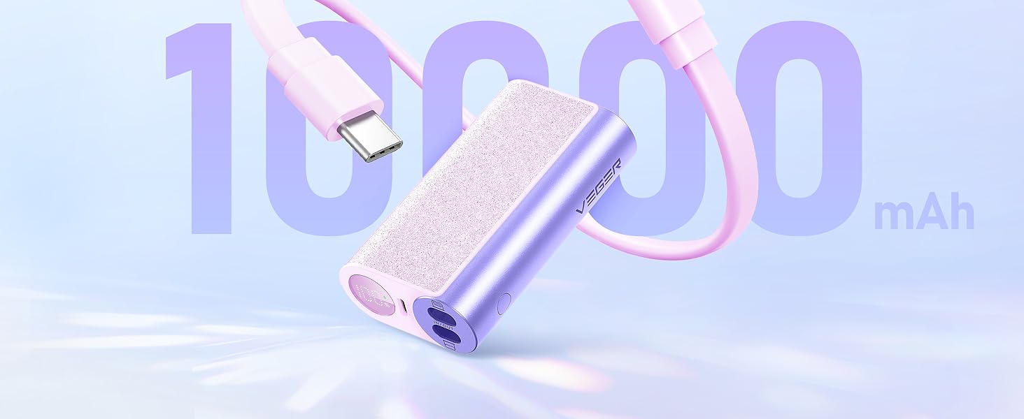 Вт PD, 10000 мАг, вбудований кабель Apple USB-C, LED, сумісний з iPhone/Samsung (фіолетовий), 20