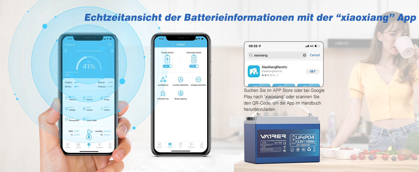 Літієва батарея VATRER POWER 12V 100AH LiFePO4 з Bluetooth, 100A BMS, 5000 циклів, 1280 Вт, захист від низької температури