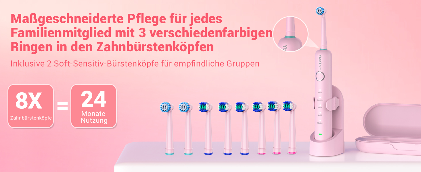 Електрична зубна щітка ротаційного типу для дорослих та дітей з 8 насадок, зарядний пристрій з підставкою на стіну, 5 режимів чищення та дорожній футляр, 60 днів роботи від акумулятора (рожевий)