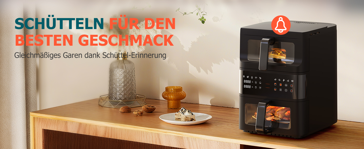 Фритюрниця без олії Heißluftfritteuse з подвійним набором камер 10л з оглядовим вікном, 10-в-1, сенсорне управління, таймер, економна, чорна 3.5л+6.5л